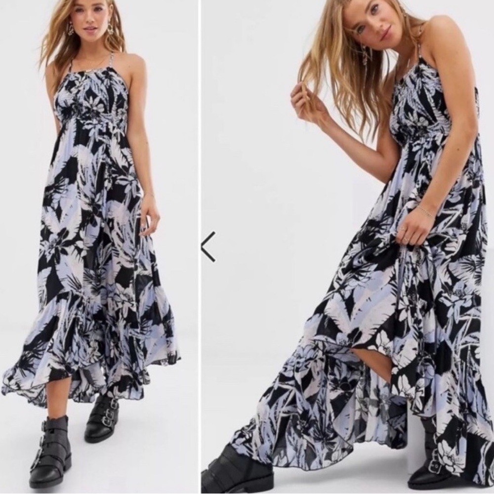 Free People Maxi Purple & Black Smocked Dress Small Fairycore Cottagecore Boho
